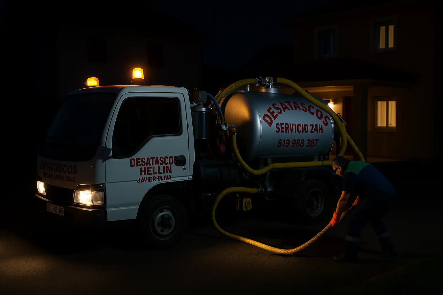 Camión cuba realizando un servicio de desatasco durante la noche en una zona residencial iluminada
