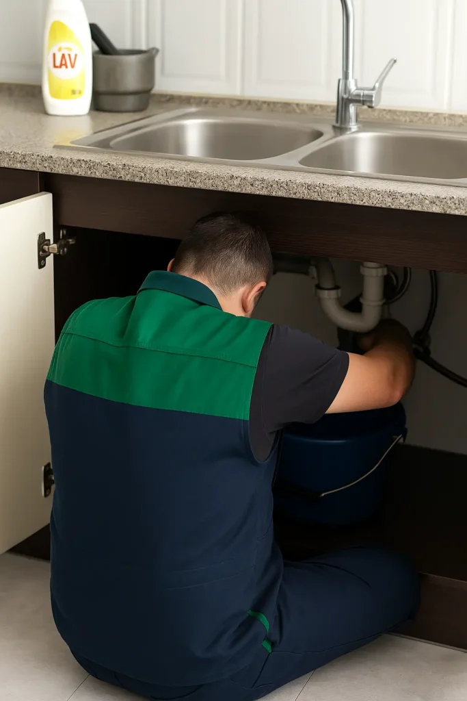 Técnico de espaldas arreglando un atasco bajo el fregadero, con uniforme de trabajo y cubo azul