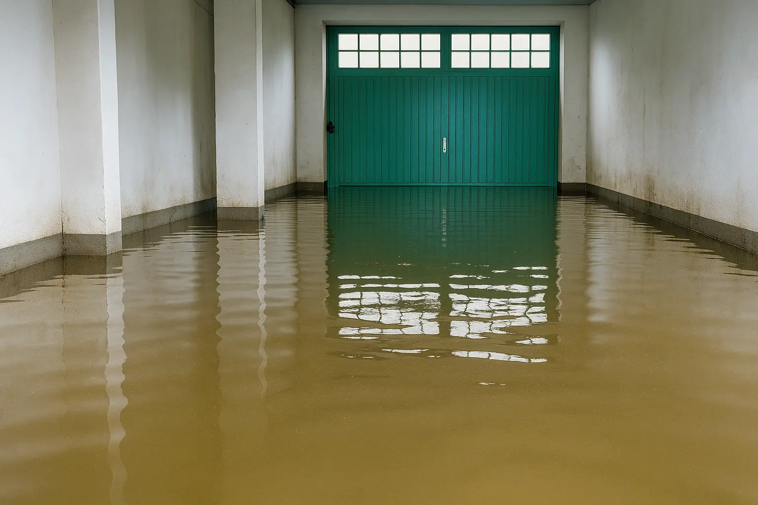 Garaje completamente inundado con agua marrón hasta el nivel del suelo, preparado para ser vaciado por Desatascos Hellín